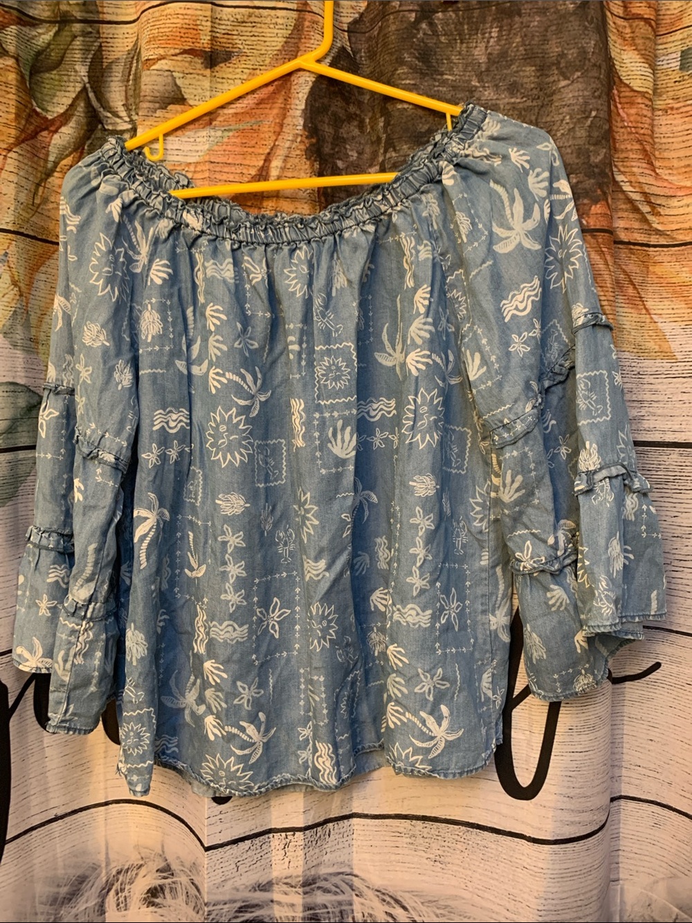 Zac & Rachel Blue Off-Shoulder Printed Peasant Top
